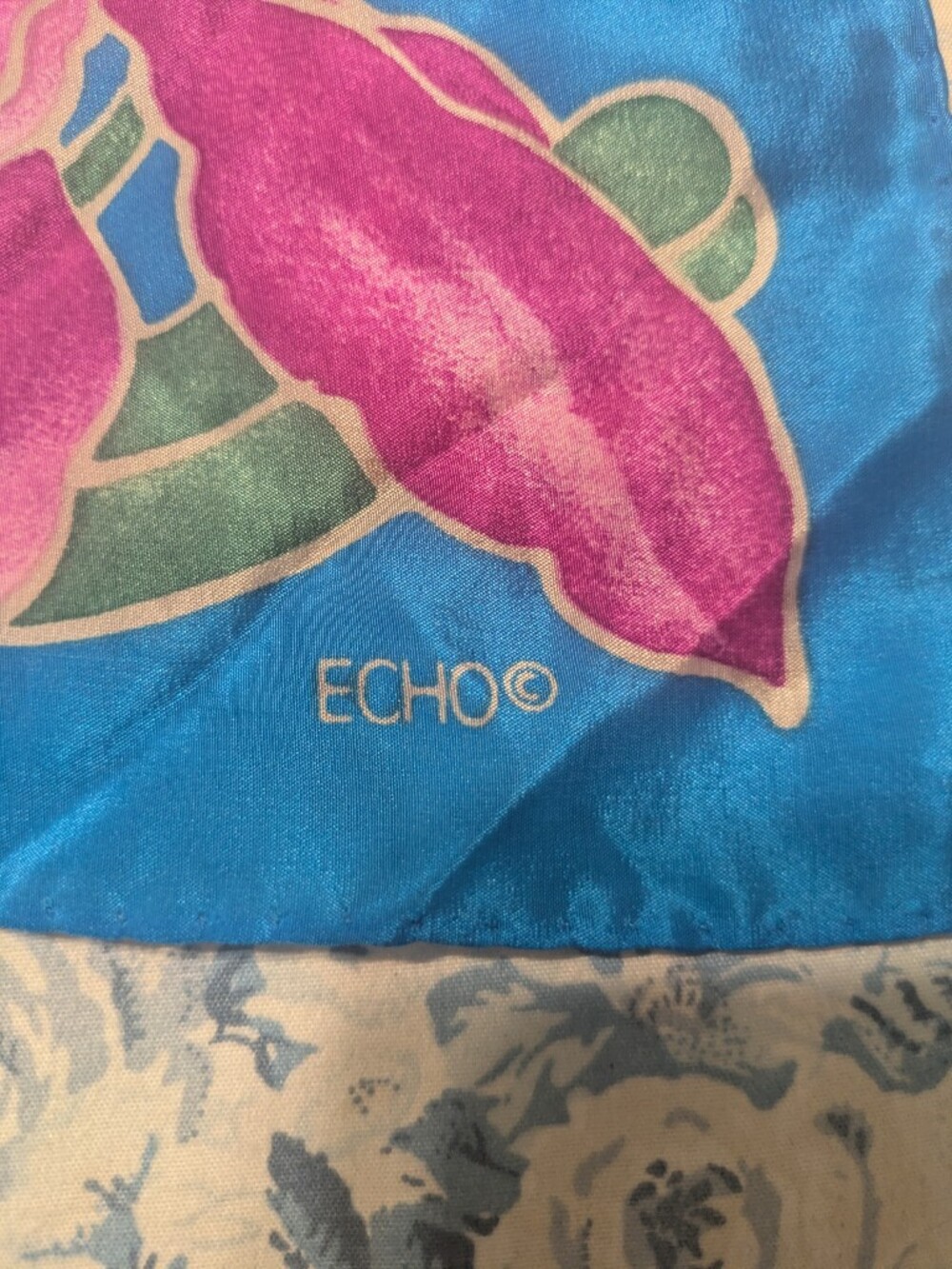 Echo Blue Floral Square Scarf with Pink and Yellow Blooms - Picture 4 of 5